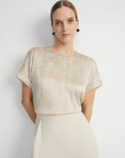 Burlap Print Crinkle Stretch Silk T-Shirt Blouse