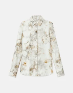 Eco Leaves Print Silk Twill Buttoned Blouse