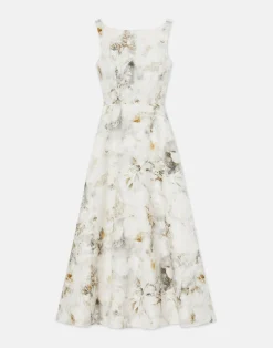 Eco Leaves Print Silk-Linen Bateau Gown