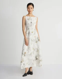 Eco Leaves Print Silk-Linen Bateau Gown