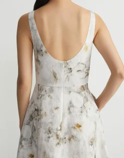 Eco Leaves Print Silk-Linen Bateau Gown