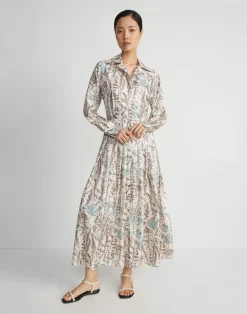 Flora Trail Print Silk Twill Pleated Shirtdress