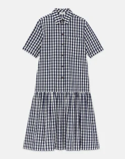 Gingham Crinkle Cotton-Linen Drop Waist Shirtdress