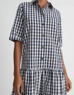 Gingham Crinkle Cotton-Linen Drop Waist Shirtdress