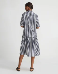 Gingham Crinkle Cotton-Linen Drop Waist Shirtdress