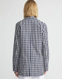 Gingham Crinkle Cotton-Linen Three Button Blazer