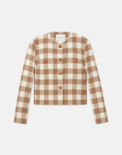 Gingham Wool Collarless Buttoned Jacket