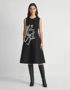 Hand-Beaded Rose Wool-Silk Crepe Sleeveless Dress