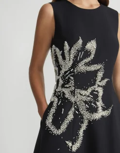 Hand-Beaded Rose Wool-Silk Crepe Sleeveless Dress