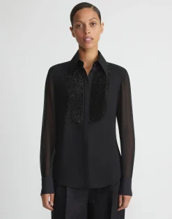 Hand-Beaded Silk Georgette Pintuck Blouse