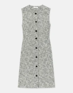 Linen-Cotton Bouclé Tweed Buttoned Dress