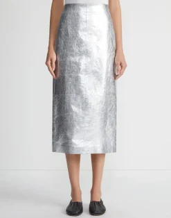 Metallic Crinkle Leather Pencil Skirt