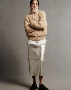 Metallic Crinkle Leather Pencil Skirt