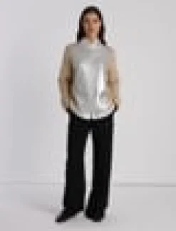Metallic Foil Print Cashmere Crewneck Sweater