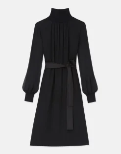 Opaque & Sheer Silk Turtleneck Dress