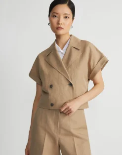 Silk-Linen Double Breasted Cropped Shirt Jacket