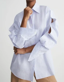 Stripe Cotton Poplin Button Sleeve Oversized Shirt