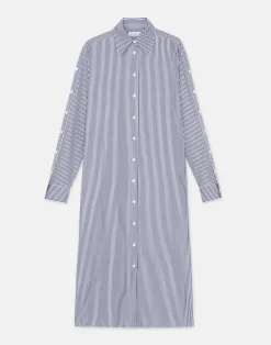 Stripe Cotton Poplin Button Sleeve Oversized Shirtdress