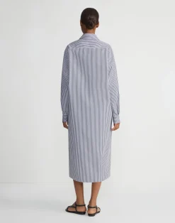Stripe Cotton Poplin Button Sleeve Oversized Shirtdress