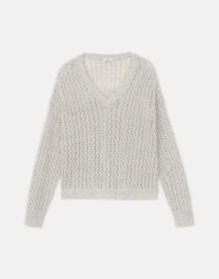Sustainable Linen-Silk Sequin Cable V-Neck Sweater
