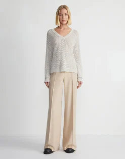 Sustainable Linen-Silk Sequin Cable V-Neck Sweater
